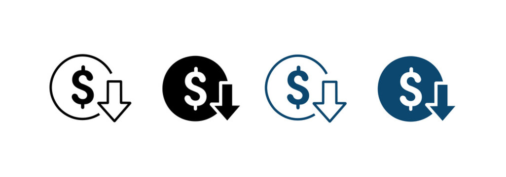Price drop icon set. Dollar symbol with a downward arrow representing a price decrease or financial savings.