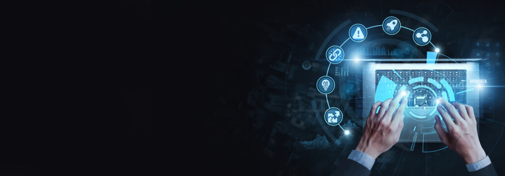 Open Data Specialist using laptop to analyze Open Data data on digital interface, public information, data sharing, transparency, data access, digital research.