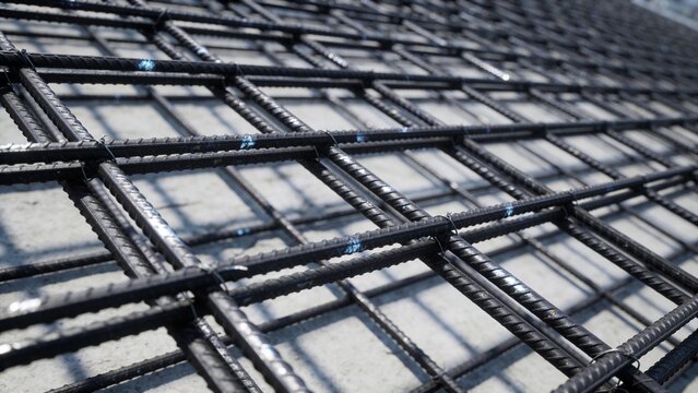 Dense Steel Reinforcement Rebar Mesh Grid for Concrete Foundations, Structural Engineering, Building Construction, and Industrial Infrastructure Projects