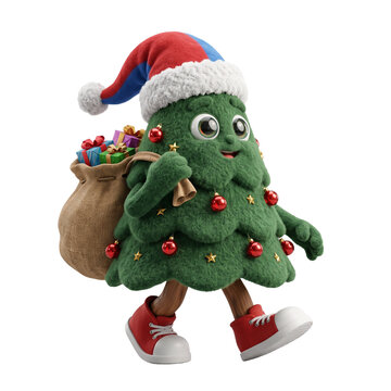 Cheerful 3D Christmas tree mascot character in a Santa hat carrying a sack full of wrapped gifts, fluffy felt texture with red baubles, isolated on white background