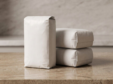 Three blank white coffee bags standing on a marble kitchen counter transparent background
