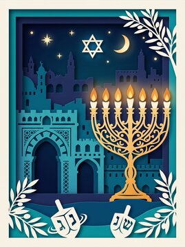 3D Paper Cut Hanukkah Menorah and Jerusalem Arches Vector Illustration