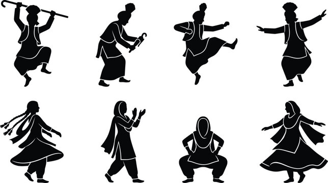 Traditional Indian Punjabi Bhangra and Giddha Folk Dancers Vector Silhouette Icon Set Featuring Turban Khunda and Kurta Pyjama