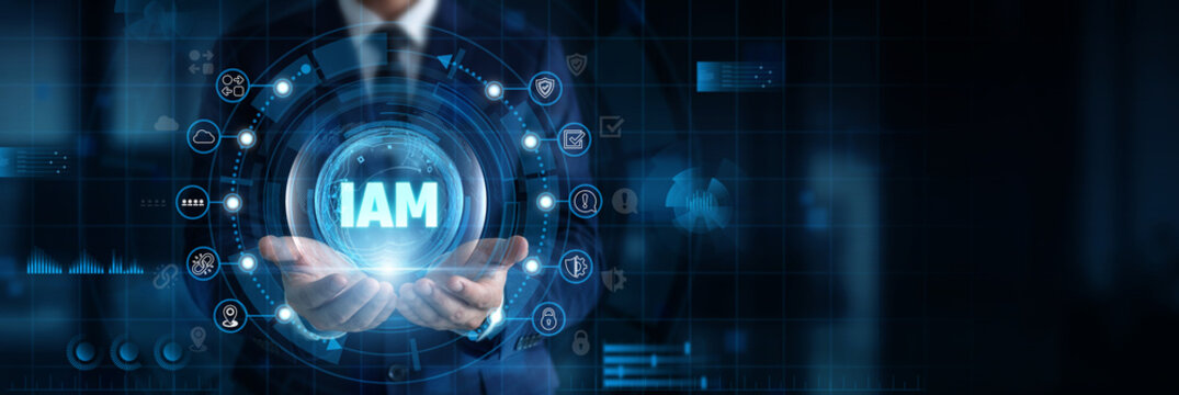 IAM Specialist holding and controlling IAM network interface with digital and identity data. User authentication, access control, cybersecurity, account security