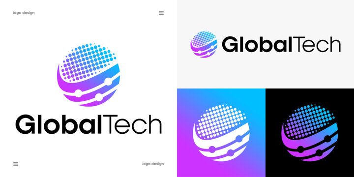 global tech logo design, worldwide telecommunication, data stream, artificial intelligence and global network concept, halftone dot matrix globe with orbital line nodes, vector