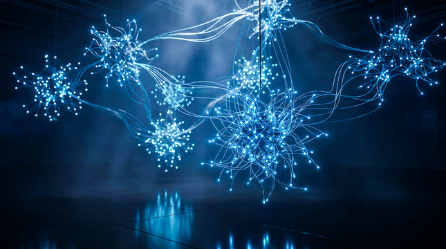 Abstract neural network visual with glowing blue fiber optic spheres and tangled light strands represents artificial intelligence or human brain synapses concept.