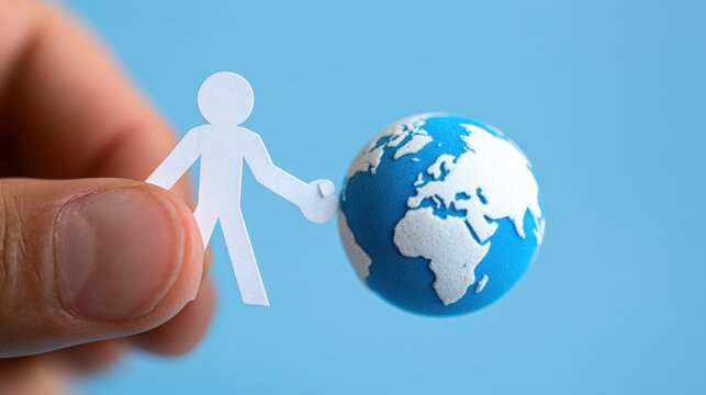 With a handshake and globe, a white stick figure symbolizes international teamwork, strategic alliances, cultural diversity, and sustainable global relationships.
