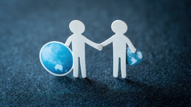 A white stick figure holding a handshake and globe symbolizes international cooperation, global partnerships, mutual trust, and productive business relationships.

