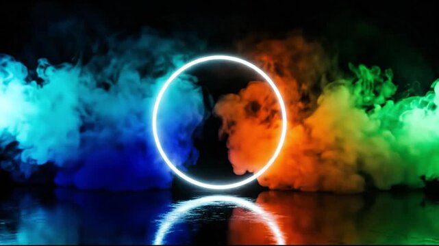 Glowing white circular neon light frame surrounded by vibrant blue and orange smoke rolling dynamically across a dark reflective studio floor background