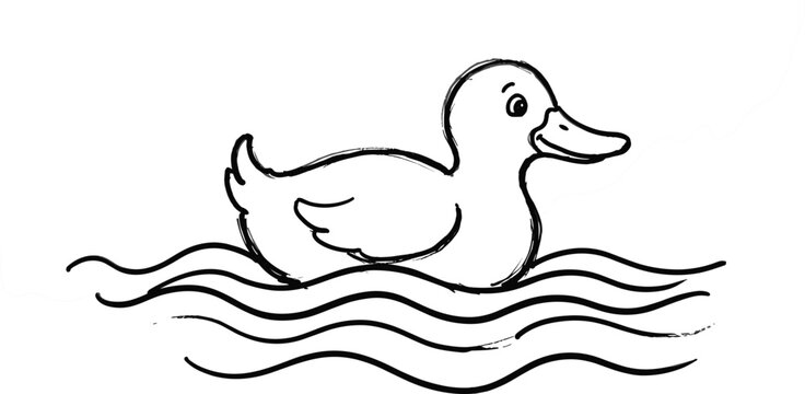 Cute Hand Drawn Duck Swimming on Water Waves Vector Line Art Illustration for Children Coloring Books Educational Activities and Animal Clipart Designs