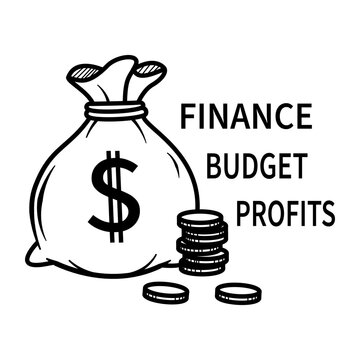 Hand drawn money bag and coins with finance budget text