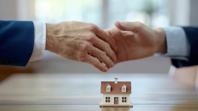 Two men in suits shake hands over a miniature house model, signifying a successful real estate deal.