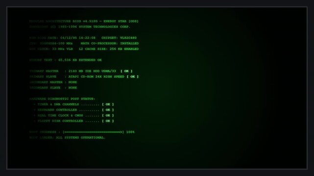 Vintage computer terminal CRT screen green phosphor BIOS POST boot sequence and memory test animation, seamless loop.