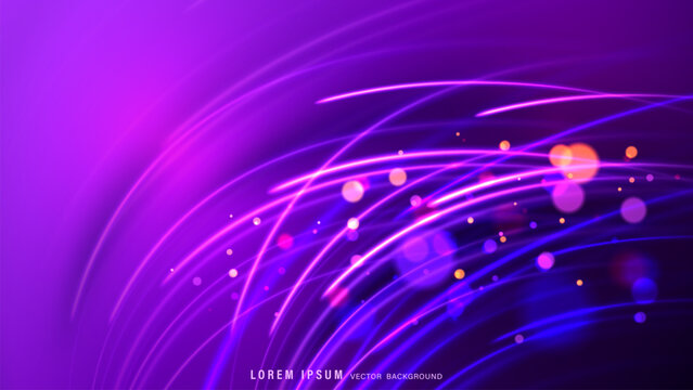 Purple neon light wave abstract background with glowing curves and bokeh particles