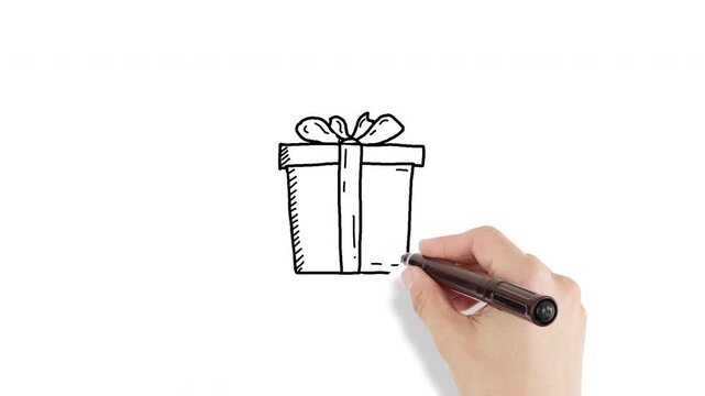 Wrapped gift box with ribbon bow hand drawn on whiteboard for christmas present videos