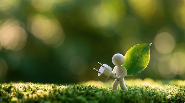 Highlighting the shift toward sustainable electricity, a white stick figure displays a green leaf and electric plug to promote cleaner technology and responsible energy use.
