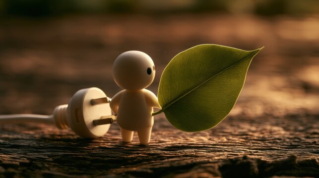 A white stick figure carrying an electric plug and green leaf symbolizes clean electrification, efficient energy consumption, renewable power, and environmental responsibility.
