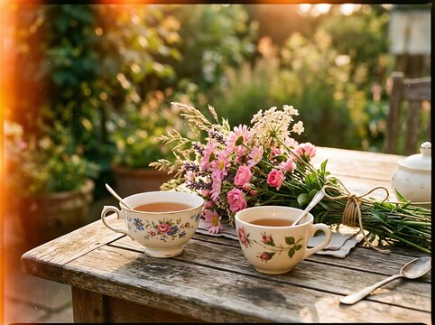 Two cups of tea and a flower bouquet on a wooden table in the garden