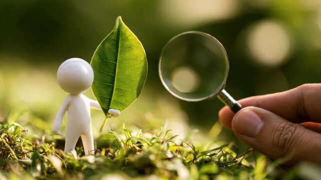 A white stick figure examining a green leaf with a magnifying glass represents botanical investigation, nature exploration, ecosystem awareness, and careful analysis.
