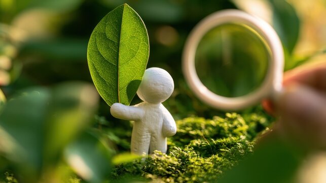 Holding a leaf and magnifying glass, a white stick figure symbolizes ecological research, environmental observation, biodiversity studies, and scientific curiosity.
