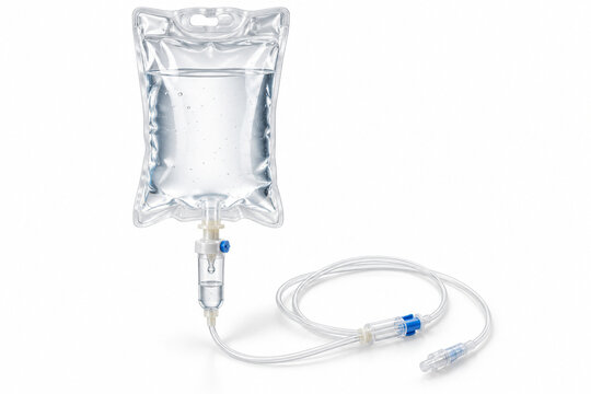 AI-generated realistic 3D render of iv drip bag isolated on a clean white background with soft shadow for healthcare design.