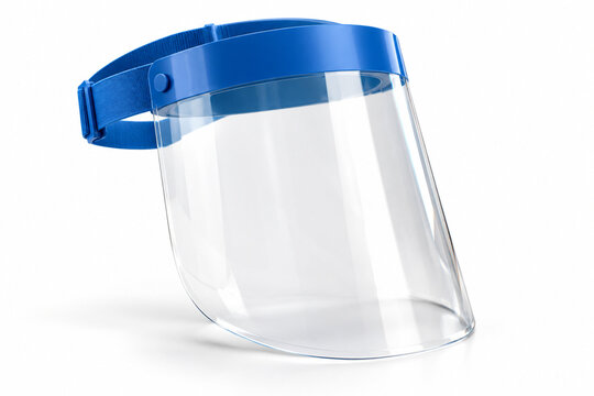 AI-generated realistic 3D render of face shield isolated on a clean white background with soft shadow for healthcare design.