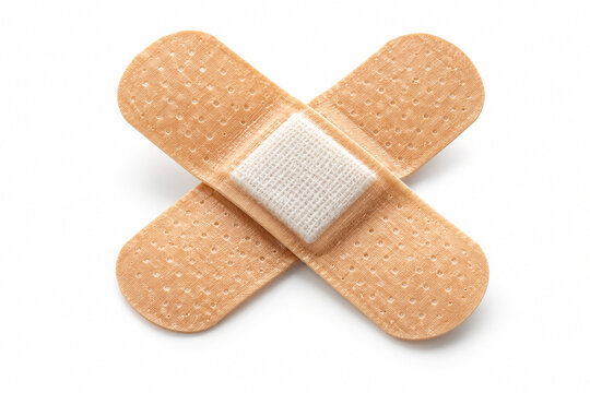 AI-generated realistic 3D render of band-aid cross isolated on a clean white background with soft shadow for healthcare design.