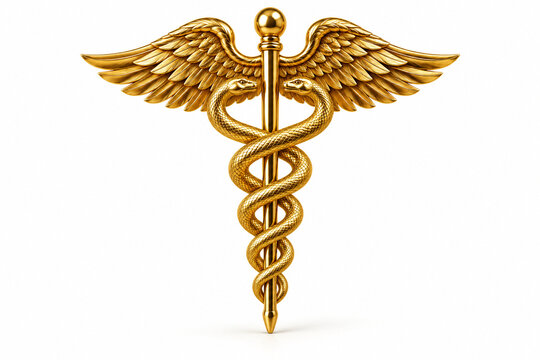AI-generated realistic 3D render of caduceus symbol gold isolated on a clean white background with soft shadow for healthcare design.