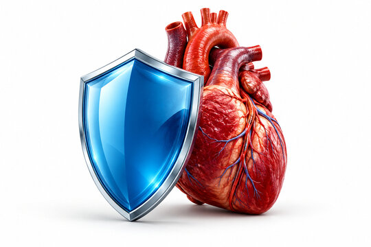 AI-generated realistic 3D render of shield protecting heart isolated on a clean white background with soft shadow for healthcare design.
