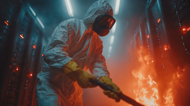 Hazmat worker in protective suit fighting fire in server room