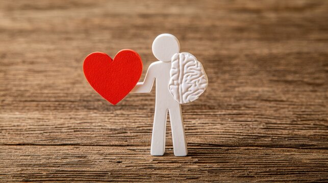 A white stick figure carrying a heart and brain represents the harmony between emotions and logic, encouraging self awareness, sound judgment, and mental wellness.
