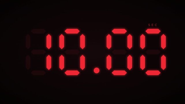 15 second digital countdown timer with red seven segment LED display and hundredths of a second 4K