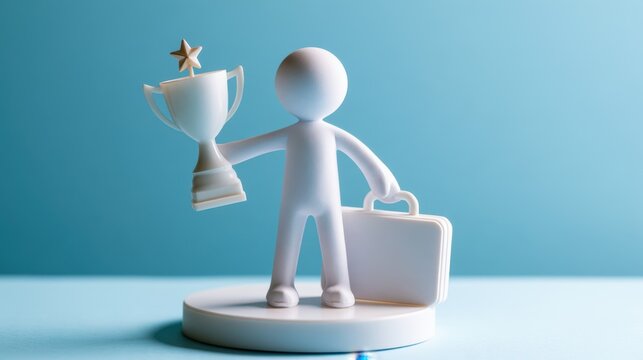 Celebrating success with a trophy and briefcase, a white stick figure reflects career milestones, dedicated effort, professional growth, and earned recognition.
