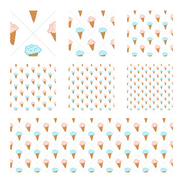 Cute seamless pattern featuring pink and blue scoops on golden waffle cones with pastel dotted diamond lines on white, ideal for gift wrap, stationery, fabric, and food packaging.