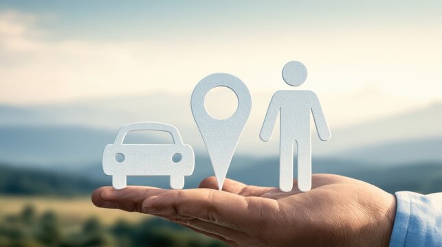 Personal transportation and location awareness are represented by a white stick figure holding a car and navigation pin, highlighting modern travel and route selection.
