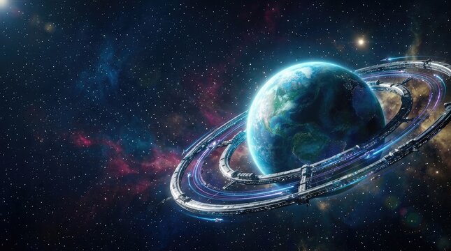 A futuristic space station orbits a vibrant blue Earth, encircled by a shimmering ring. The Earth displays visible continents and oceans.