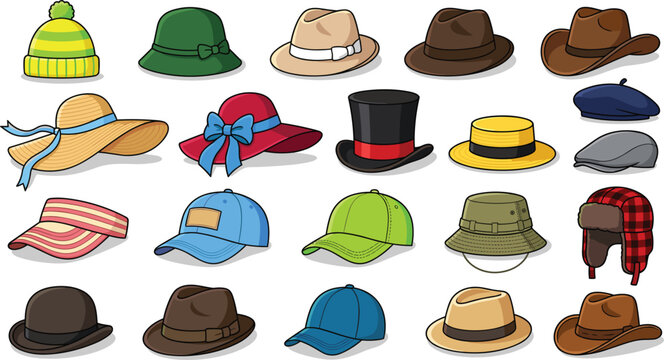 Various types of hats and caps vector set featuring colorful modern and classic headwear fashion icons