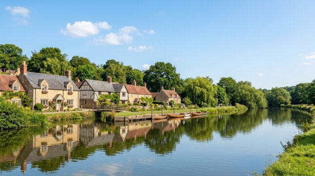 A serene river flows through a picturesque village. Traditional, half-timbered houses line the riverbank, reflecting beautifully in the calm water.