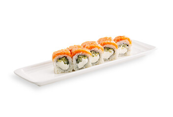 Sushi rolls with orange topping and sliced filling arranged on a long white rectangular plate against a clean white background in a studio food photograph © Кирилл Горшков