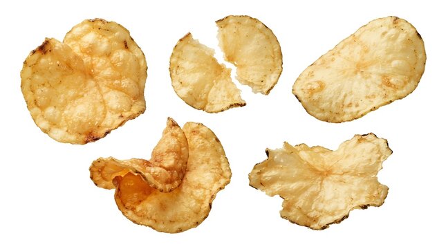 A group of crispy, golden-brown potato chips, showing various shapes and textures, arranged on a white background, highlighting the thin, wavy, and crunchy appearance of these salty snacks