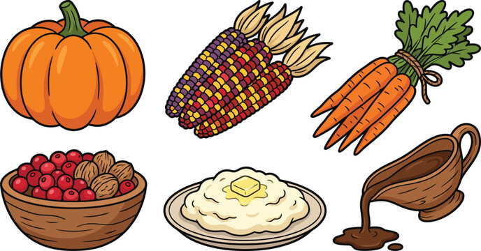 Thanksgiving Autumn Harvest Dinner and Traditional Feast Food Vector Flat Icon Set Featuring Pumpkin Corn Mash and Gravy