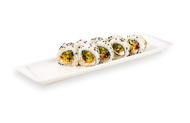 Sushi rolls with rice, seaweed, vegetables, and sesame seeds arranged on a rectangular white serving plate isolated against a clean white background © Кирилл Горшков