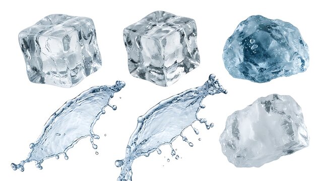 Collection of clear ice cubes and dynamic water splashes isolated on a white background, representing refreshing cold drinks and frozen liquid