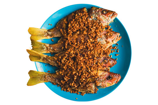 Top down view of deep fried whole fish topped with crispy garlic served on a blue plate, isolated on a transparent background