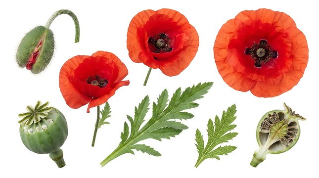 Collection of red poppy flowers, green leaves, buds, and seed pods isolated on a white background, for botanical studies, and floral
