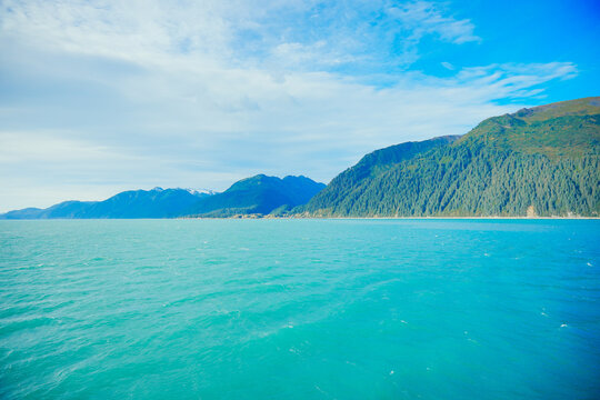 Landscape of Kenai Fjords National Park and Seward resurrection bay, glacier, harding ice cap ice field and pacific ocean in Alaska, USA