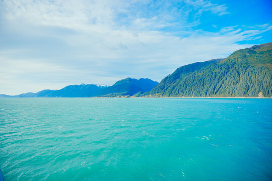 Landscape of Kenai Fjords National Park and Seward resurrection bay, glacier, harding ice cap ice field and pacific ocean in Alaska, USA