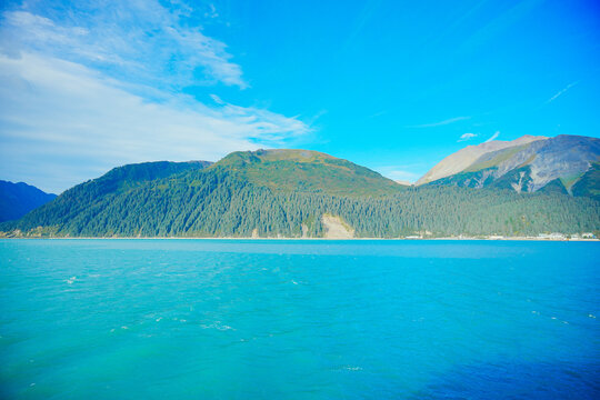 Landscape of Kenai Fjords National Park and Seward resurrection bay, glacier, harding ice cap ice field and pacific ocean in Alaska, USA