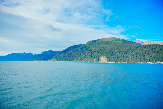 Landscape of Kenai Fjords National Park and Seward resurrection bay, glacier, harding ice cap ice field and pacific ocean in Alaska, USA