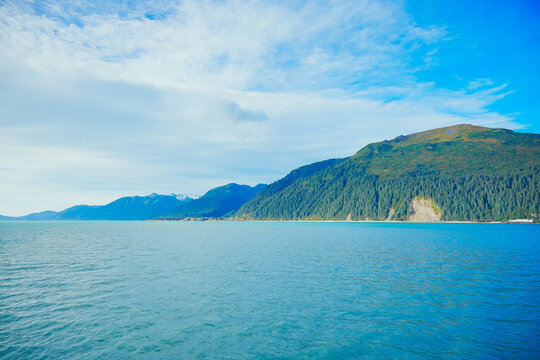 Landscape of Kenai Fjords National Park and Seward resurrection bay, glacier, harding ice cap ice field and pacific ocean in Alaska, USA